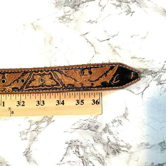 Vintage Hand Tooled Leather Eagle Belt Southwestern Brown Black Unisex No Buckle - Picture 10 of 10